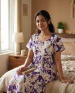 Traditional Cotton Frock Nighty, 55 Inches Length - Violet