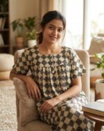 Front Open Cotton Nighty With Buttons, 55 Inches Long - Cream + Black