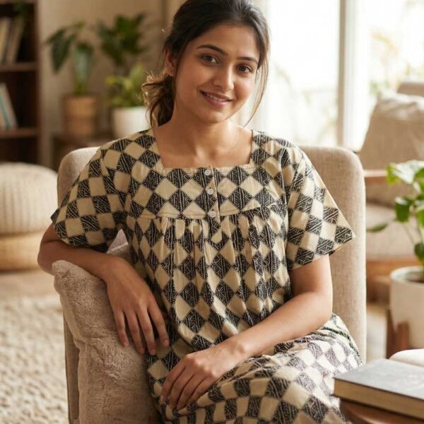 Front Open Cotton Nighty With Buttons, 55 Inches Long - Cream + Black