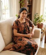 Front Open Cotton Nighty With Buttons, 55 Inches - Black + Yellow