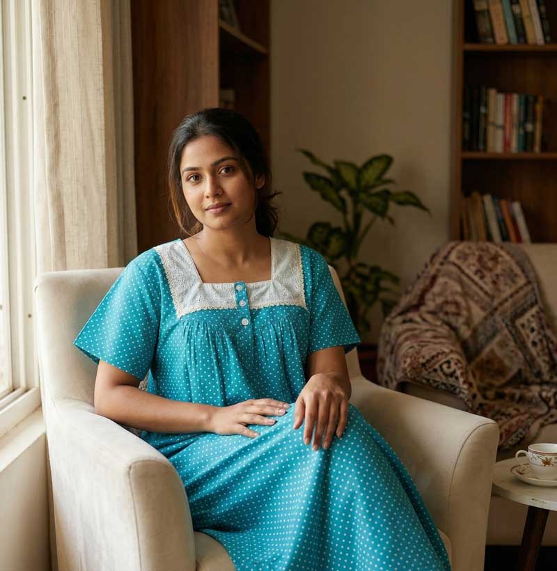 G1 Front Open Cotton Nighty With Buttons, Hacoba Yoke, 55 Inches - Blue - Image 1