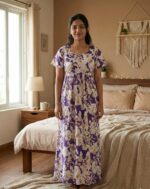 Traditional Cotton Frock Nighty, 55 Inches Length - Violet - Image 2