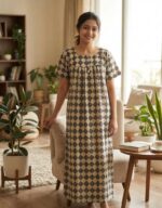 Front Open Cotton Nighty With Buttons, 55 Inches Long - Cream + Black - Image 2