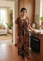 Front Open Cotton Nighty With Buttons, 55 Inches - Black + Yellow - Image 2