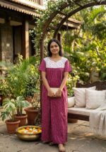 Front Open Cotton Nighty With Buttons, 55 Inches - Purple - Image 2