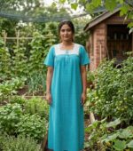 Front Open Cotton Nighty With Buttons, Hacoba Yoke, 55 Inches - Blue - Image 2