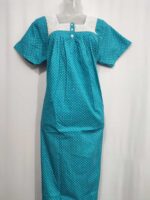 Front Open Cotton Nighty With Buttons, Hacoba Yoke, 55 Inches - Blue - Image 4