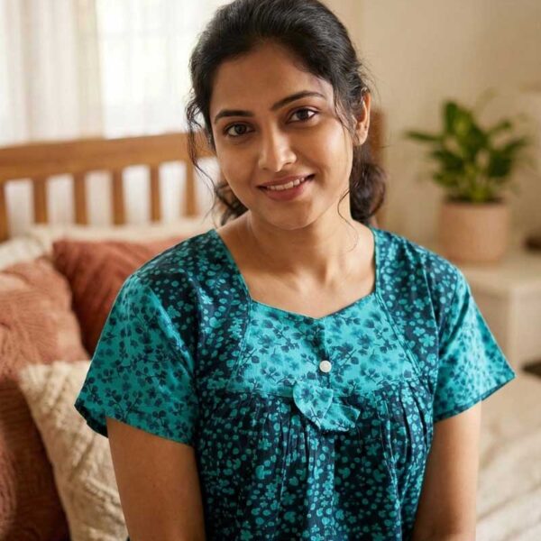 Traditional Cotton Nighty, 55 Inches Length - Black + Green