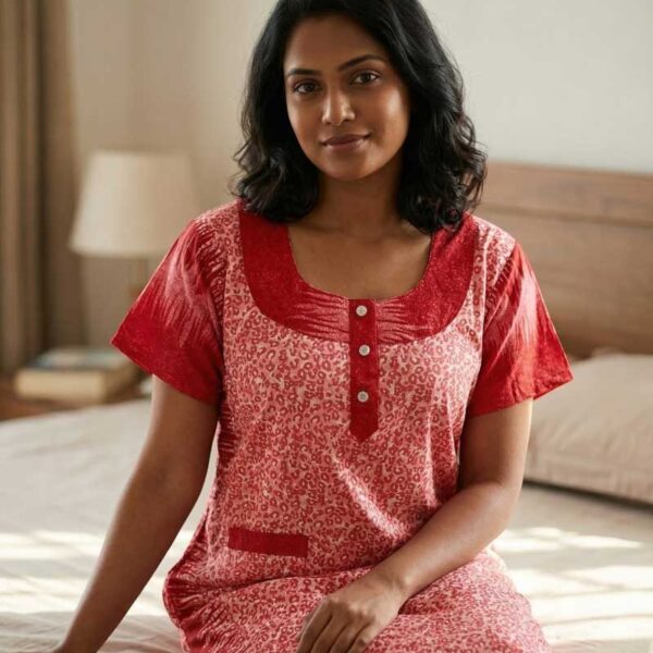 Comfortable Churidar Model Cotton Nighty, 55 Inches Long - Rose