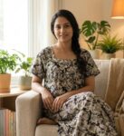 Front Open Cotton Nighty With Buttons, 55 Inches Long - Black + Cream colour