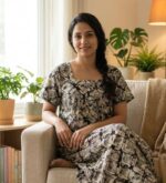 Front Open Cotton Nighty With Buttons, 55 Inches Long - Black + Cream colour