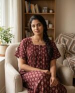 Comfortable Churidar Model Ajrakh Nighty, 55 Inches Long, Hacoba Yoke - Maroon