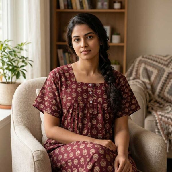 Comfortable Churidar Model Ajrakh Nighty, 55 Inches Long, Hacoba Yoke - Maroon