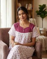 Front Open Cotton Nighty With Buttons, 55 Inches - White + Purple