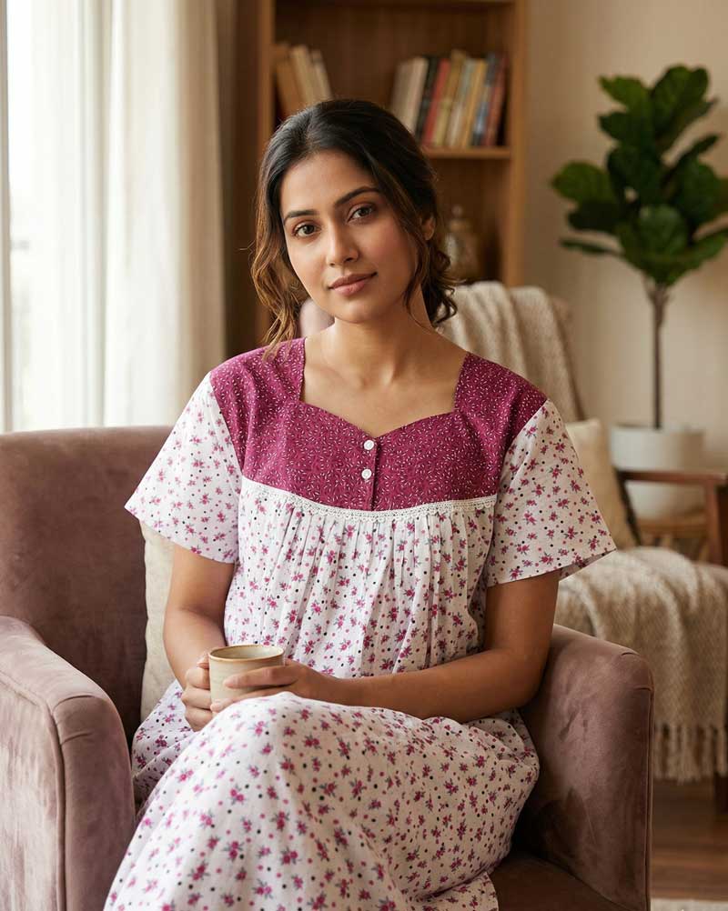 H1 Front Open Cotton Nighty With Buttons, 55 Inches - White + Purple - Image 1