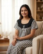 Traditional Cotton Nighty, 55 Inches Length, Round Neck - Black