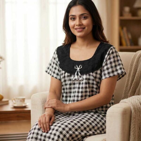 Traditional Cotton Nighty, 55 Inches Length, Round Neck - Black