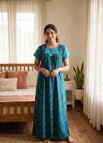 Traditional Cotton Nighty, 55 Inches Length - Black + Green - Image 2