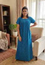 Front Open Cotton Nighty With Buttons, 55 Inches Long - Blue + Black - Image 2