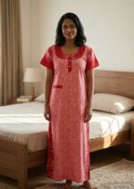 Comfortable Churidar Model Cotton Nighty, 55 Inches Long - Rose - Image 2