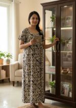 Front Open Cotton Nighty With Buttons, 55 Inches Long - Black + Cream colour - Image 2