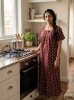 Comfortable Churidar Model Ajrakh Nighty, 55 Inches Long, Hacoba Yoke - Maroon - Image 2