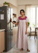 Front Open Cotton Nighty With Buttons, 55 Inches - White + Purple - Image 2