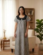 Traditional Cotton Nighty, 55 Inches Length, Round Neck - Black - Image 2