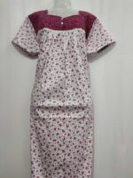 Front Open Cotton Nighty With Buttons, 55 Inches - White + Purple - Image 4