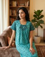 Traditional Cotton Nighty, 55 Inches Length - Green