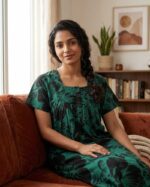 Front Open Cotton Nighty With Buttons, 55 Inches - Green