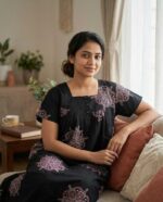 Front Open Cambric Cotton Nighty With Buttons, 55 Inches - Black