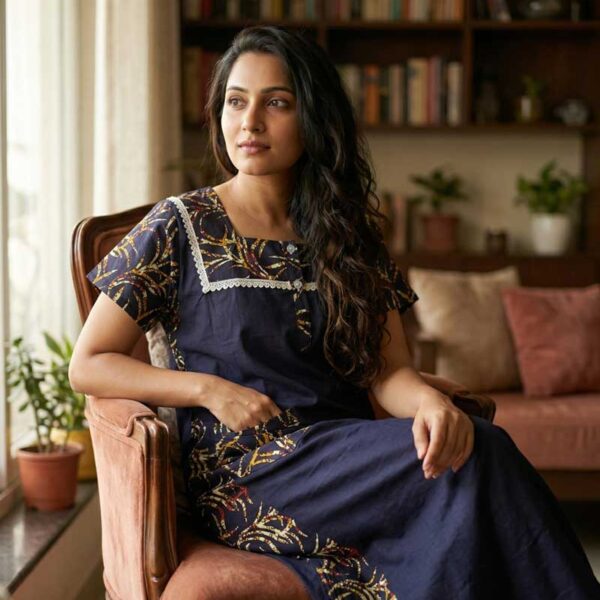 Comfortable Churidar Model Cotton Nighty, 55 Inches Long - Dark Blue