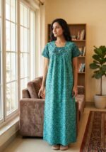 Traditional Cotton Nighty, 55 Inches Length - Green - Image 2