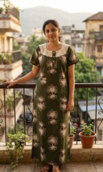 Comfortable Churidar Model Cotton Nighty, 55 Inches Long, Hakoba Yoke - Green - Image 2