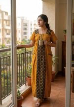 Comfortable Churidar Model Cotton Nighty, 55 Inches Long - Yellow - Image 2