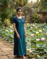 Comfortable Churidar Model Cotton Nighty, 55 Inches Long - Dark Blue + Green - Image 2