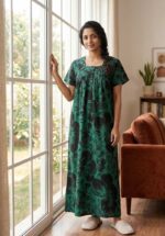 Front Open Cotton Nighty With Buttons, 55 Inches - Green - Image 2