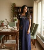 Comfortable Churidar Model Cotton Nighty, 55 Inches Long - Dark Blue - Image 2