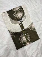 Comfortable Churidar Model Cotton Nighty, 55 Inches Long, Hakoba Yoke - Green - Image 3