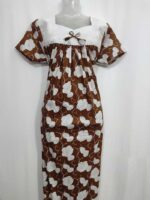 Traditional Cotton Nighty, 55 Inches Length, Hacoba Yoke - Brown - Image 4