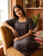 Front Open Ajrakh Nighty With Buttons, 57 Inches - Black