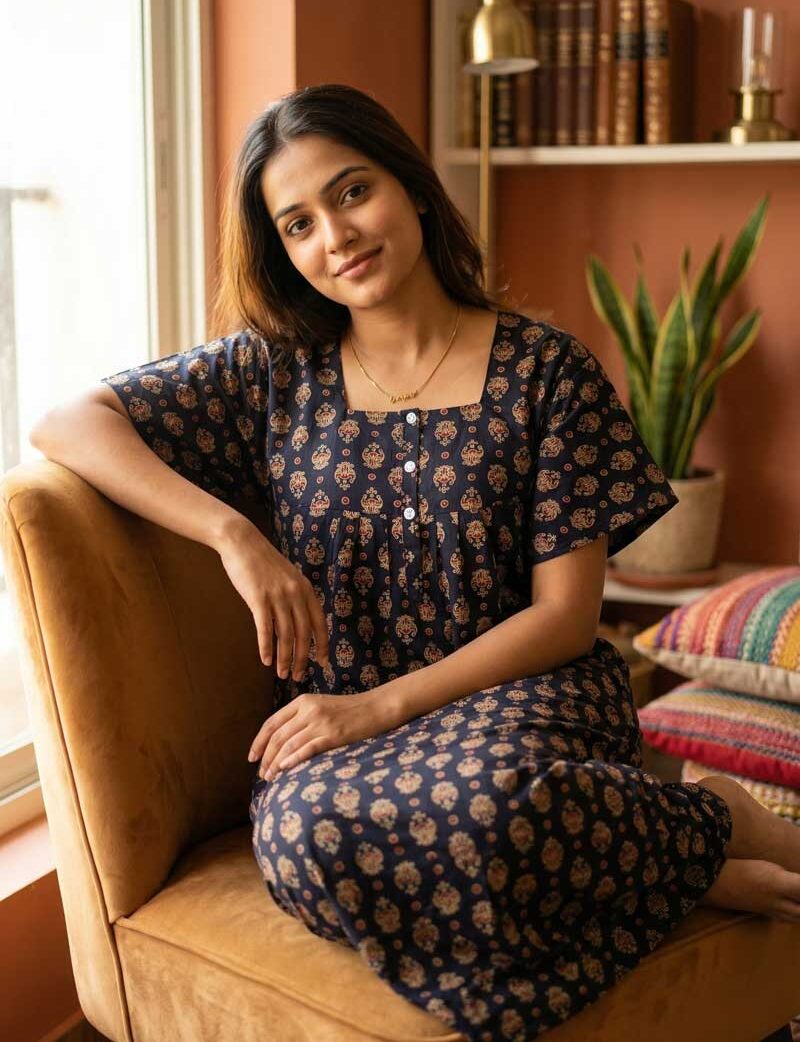 J1 Front Open Ajrakh Nighty With Buttons, 57 Inches - Black - Image 1