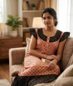 Short And Trendy Cotton Nighty with Round Neck - Peach