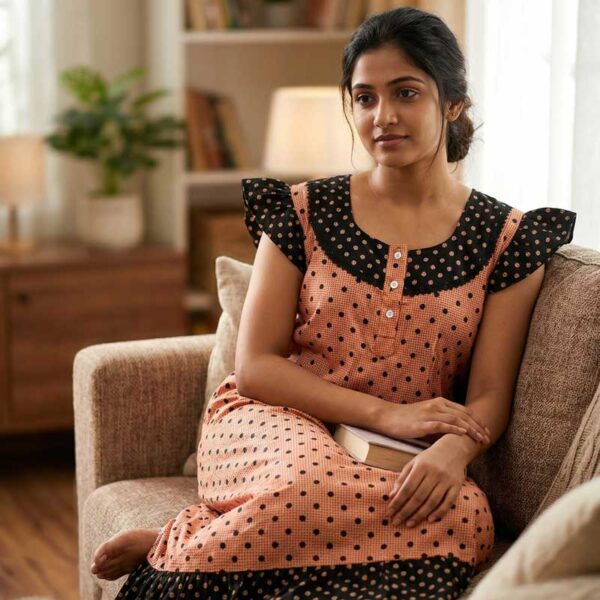 Short And Trendy Cotton Nighty with Round Neck - Peach