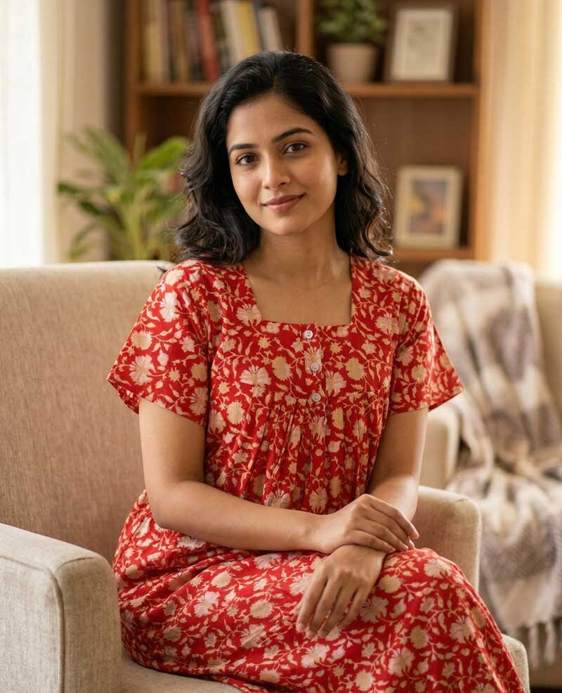 J1 Front Open Cotton Nighty With Buttons, 55 Inches - Red - Image 1