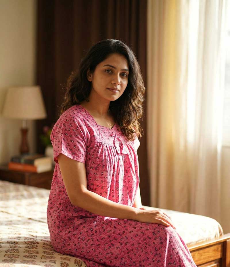 J1 Traditional Cotton Nighty, 55 Inches Length - Rose - Image 1