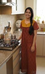 Front Open Cotton Nighty With Buttons, 55 Inches Long- Maroon + Yellow - Image 2