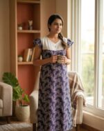 Comfortable Churidar Model Cotton Nighty, 55 Inches Long, Hacoba Yoke - Blue - Image 2