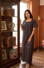 Front Open Ajrakh Nighty With Buttons, 57 Inches - Black - Image 2